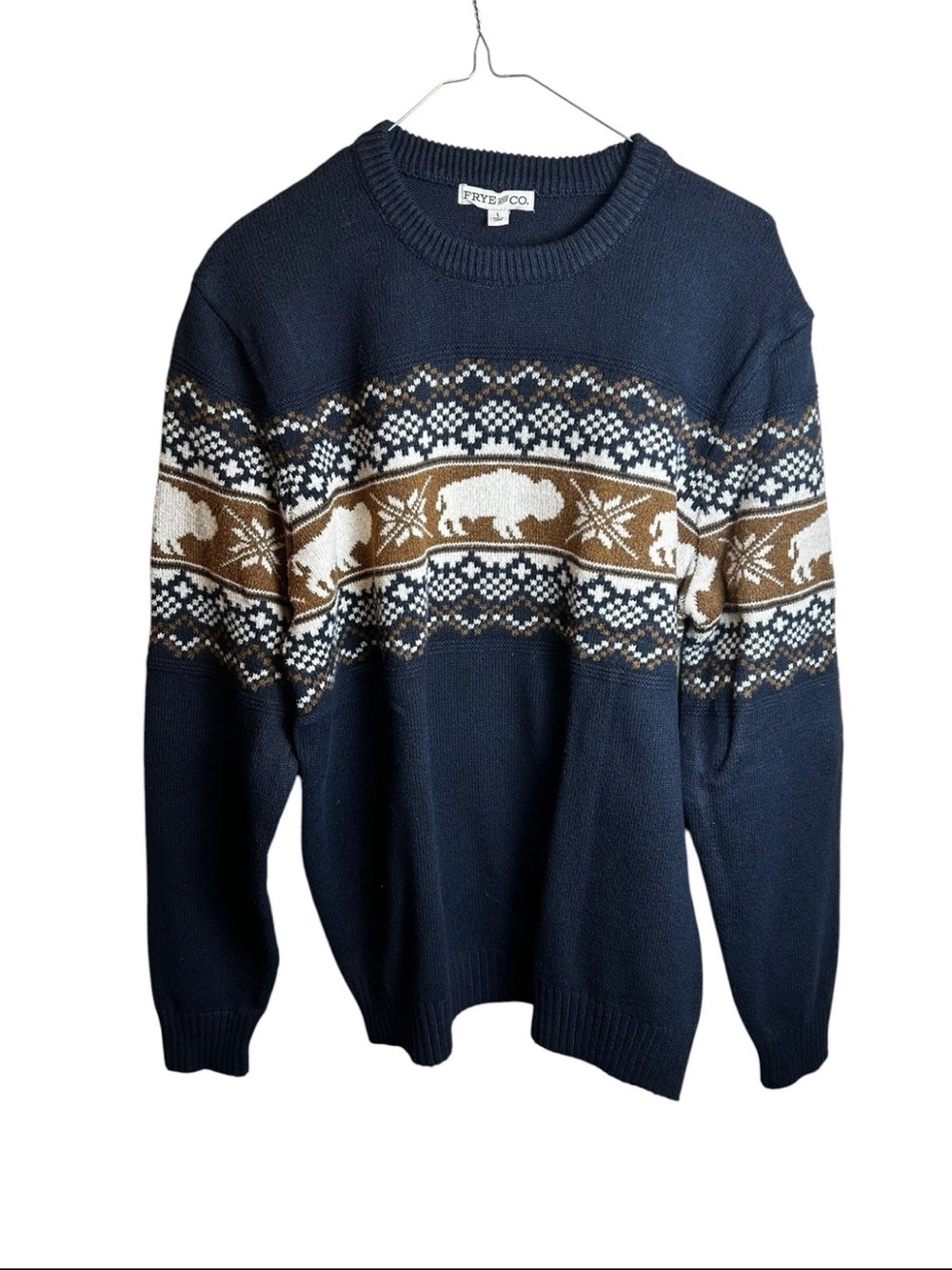 Frye and Co Fair Isle Buffalo Knit Sweater Navy Brown Bison Snowflake Mens L